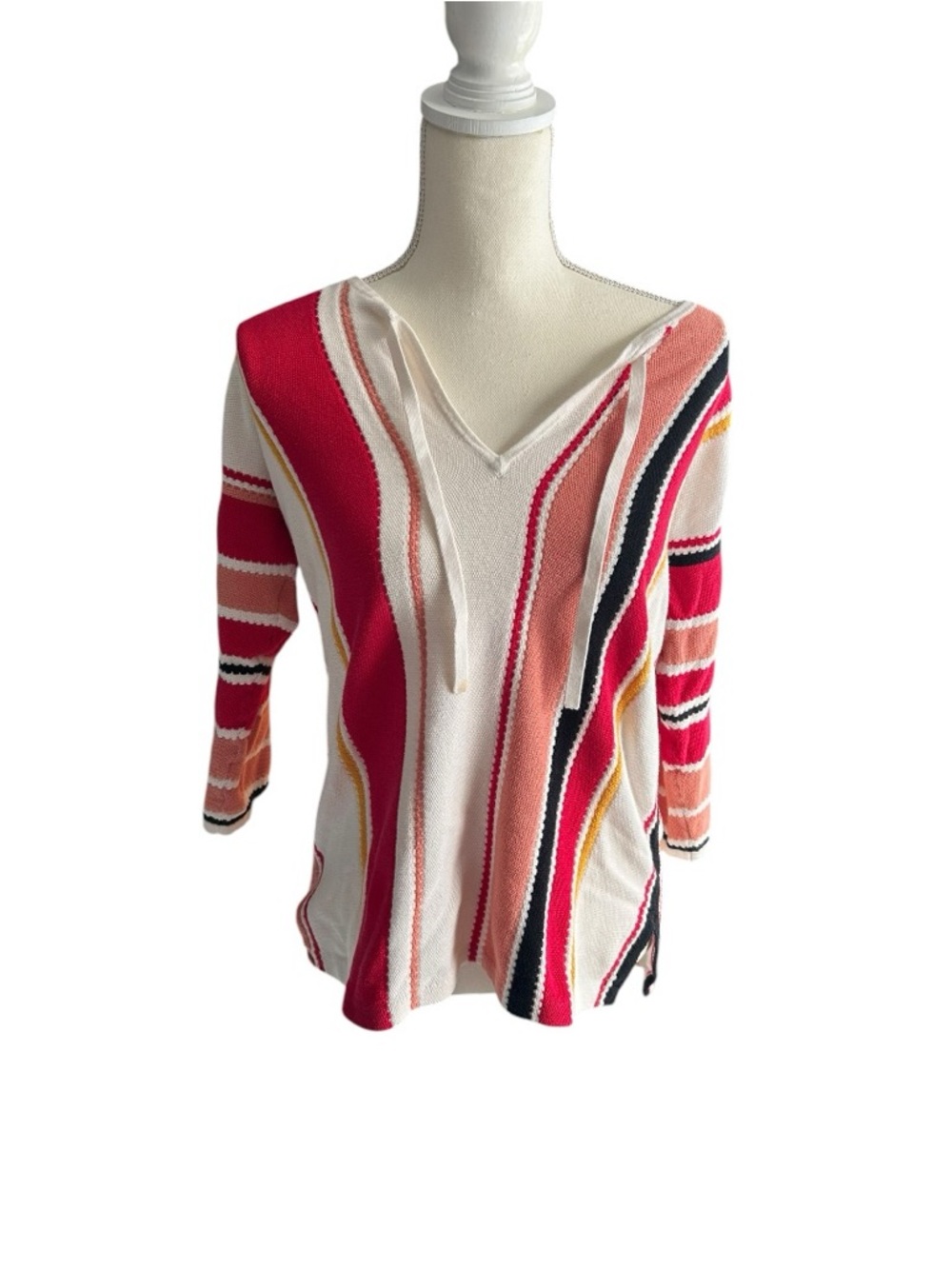 LOFT Striped V-Neck Pullover in Red, Cream, Yellow and Black